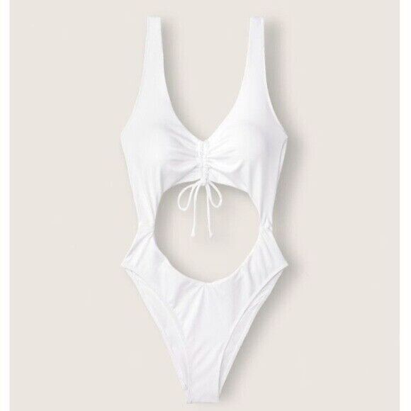 New Victoria's Secret Pink Ruched Front One Piece Swimsuit White XL White - Picture 1 of 8
